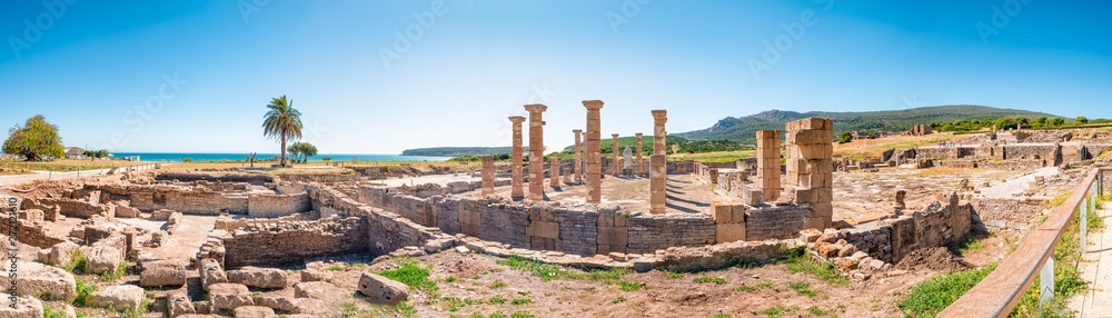 Panorama view of the ancient Romans ruins of Baelo Claudia, next to the beach of Bolonia, near Tarifa in Cadiz in the south of Spain.