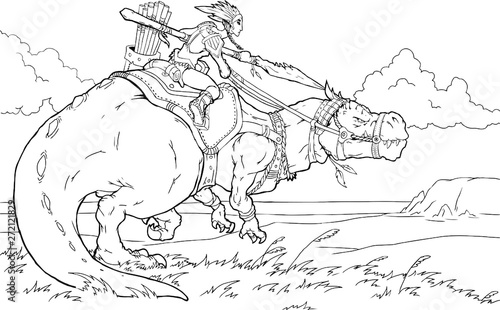 savage girl rides on a dinosaur. Cartoon fantasy characters.