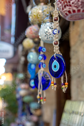 Evil eyes and traditional vintage Turkish night lamps in the streets of the old city