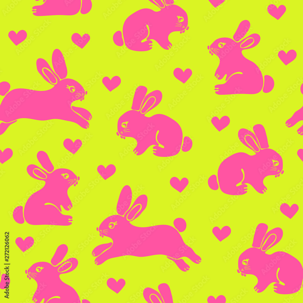 Simple seamless pattern with cute pink bunnies and love harts. yellow background