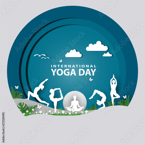 21 june-international yoga day,paper cut yoga body posture, human and sun rays, vector illustration - Vector
