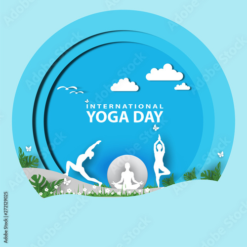 21 june-international yoga day,paper cut yoga body posture, human and sun rays, vector illustration - Vector