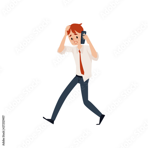 Worried business man talking by mobile phone and holding his head cartoon style