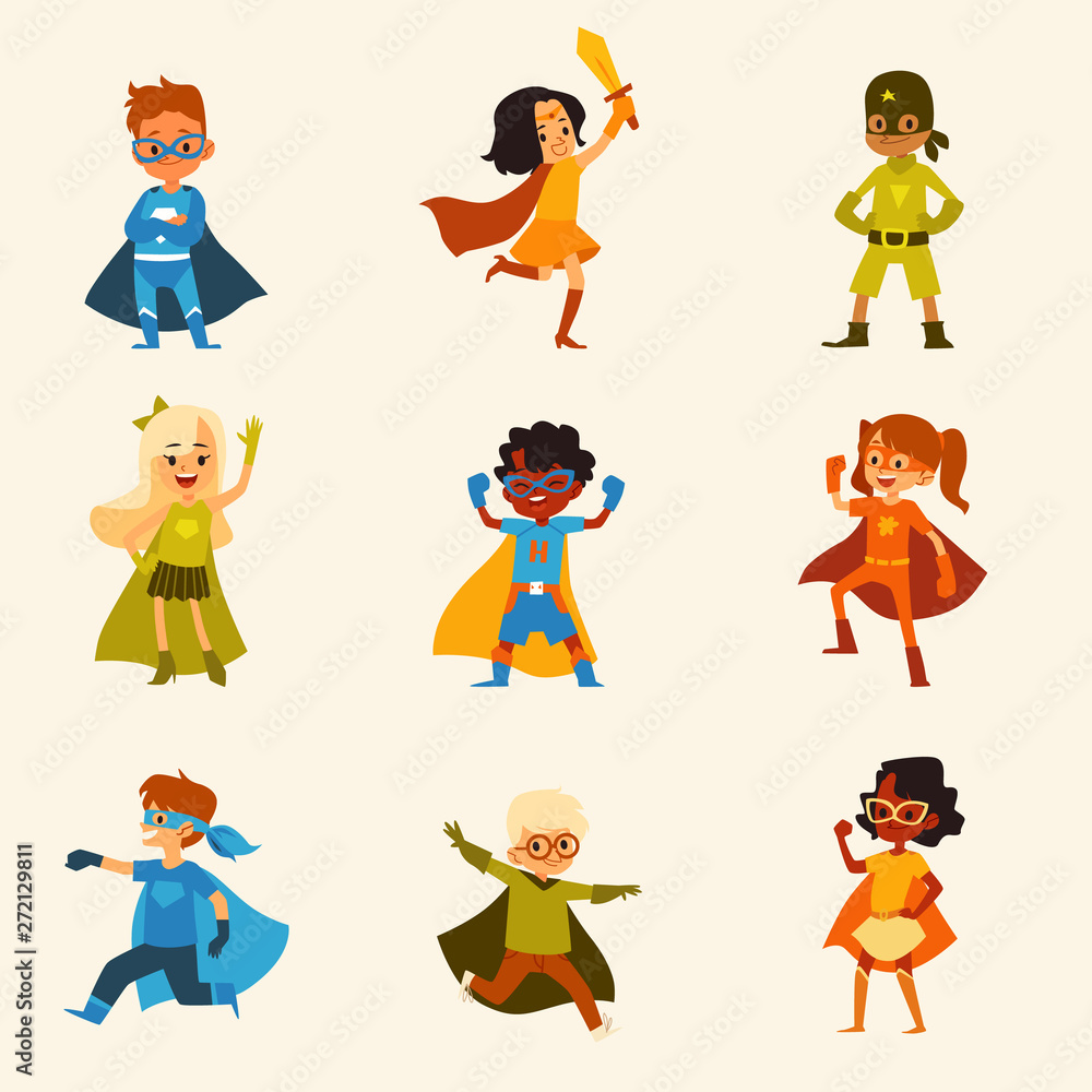 Set of kids characters in colorful superhero costumes cartoon style Set of kids characters in colorful superhero costumes cartoon style