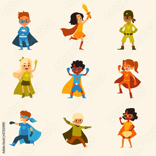 Set of kids characters in colorful superhero costumes cartoon style