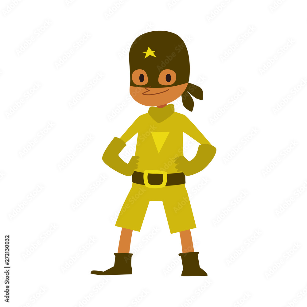 Kid boy in green superhero costume standing with arms akimbo cartoon style Kid boy in green superhero costume standing with arms akimbo cartoon style
