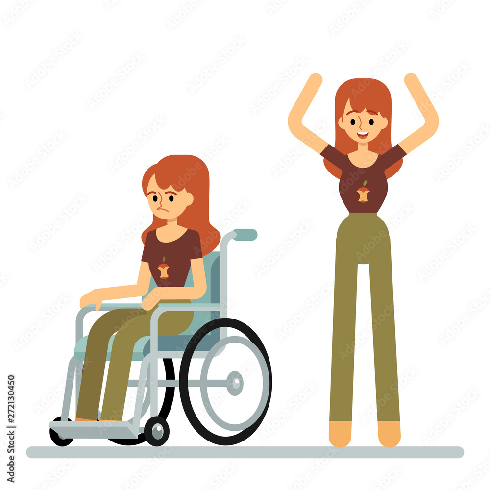 Set of woman sitting in wheelchair and standing with raised arms cartoon style Set of woman sitting in wheelchair and standing with raised arms cartoon style