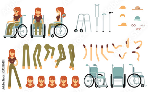 Constructor set for disabled woman creation cartoon style