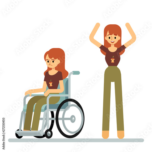 Set of woman sitting in wheelchair and standing with raised arms cartoon style