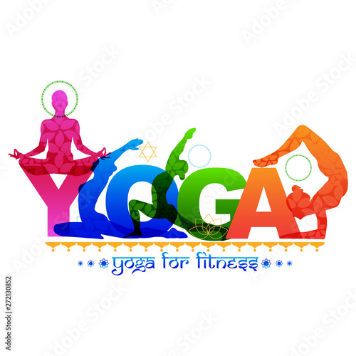 21 june-international yoga day, yoga body posture with coloured silhouette, vector illustration - Vector
