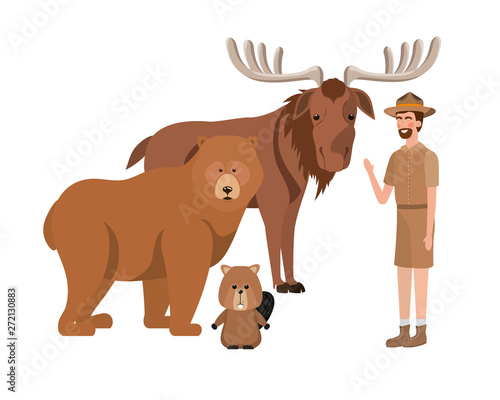 Forest ranger man cartoon and animals design