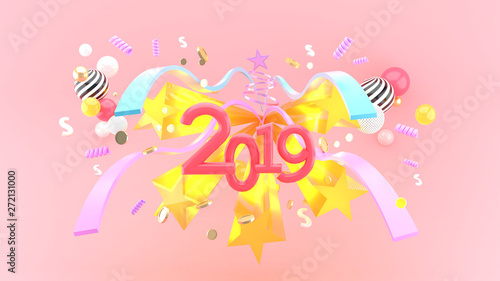 2019 3d font surrounded by colorful balls , ribbon and money on a pink background.-3d rendering.