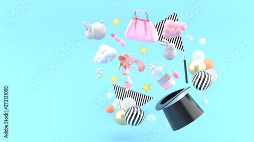 Handbags  lipstick  high heels and perfume flying into a magic hat among the colorful balls and rabbits on the blue background.-3d rendering.