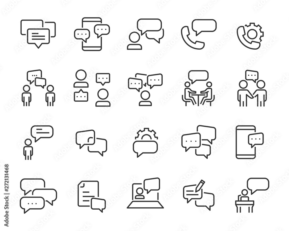set of discussion line icons, meeting, bubble, chat, conversation, social - obrazy, fototapety, plakaty 