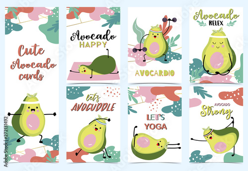 Collection of green avocado cards set with leaf,avocado exercise. Let's avocuddle
