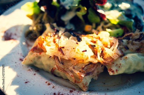 Dumplings fried in the sun with a salad and with fried onions photo