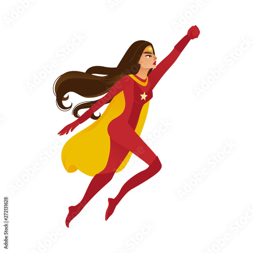 Female superhero in a red costume and a yellow cape flies.
