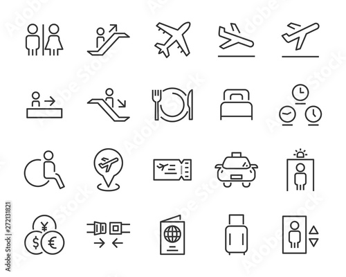 set of airport icons, such as airplane, ticket, flight, travel