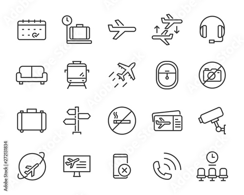 set of airport icons, such as airplane, ticket, flight, travel