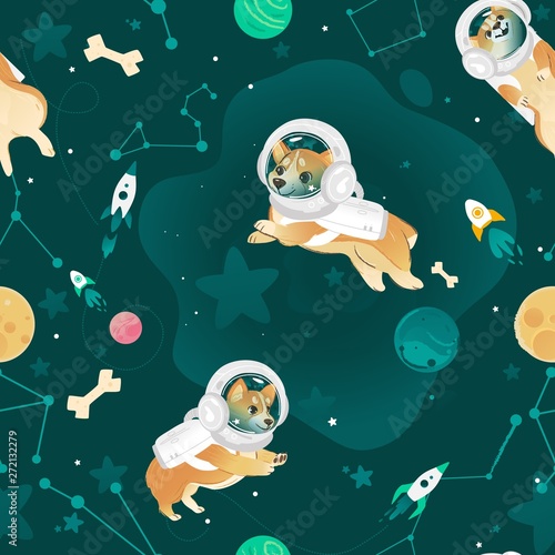 Seamless pattern with Welsh Corgi dogs flying in open space cartoon style