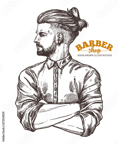 Vector sketch illustration of barbershoper. Portrait of yong hipster man with trendy hairstyle. Hand drawn image of Barber Shop owner