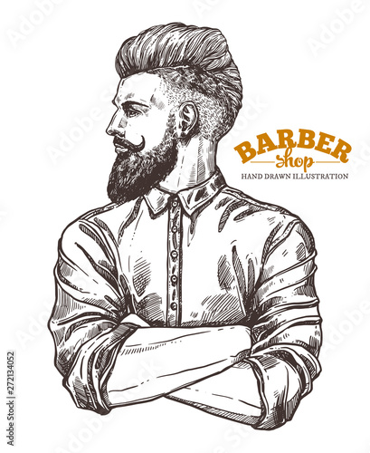 Vector sketch illustration of barbershoper. Portrait of yong hipster man with trendy hairstyle. Hand drawn image of Barber Shop owner