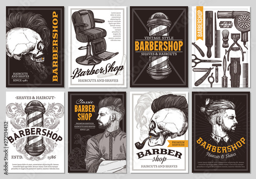 Hand drawn  vector barber shop banners with sketch engraving illustration. Monochrome templates set of poster design for hair salon