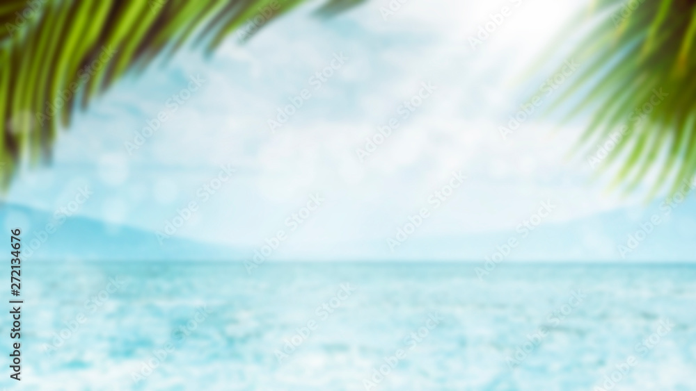 Blurred summer natural marine tropical blue background with palm leaves and sunbeams of light. Sea and sky with white clouds. Copy space, summer vacation concept