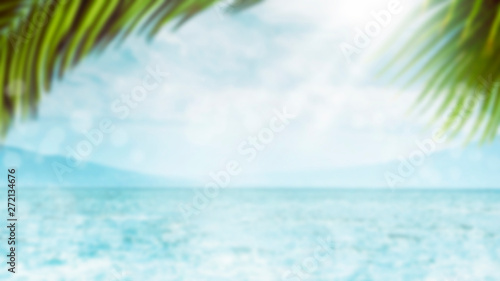 Blurred summer natural marine tropical blue background with palm leaves and sunbeams of light. Sea and sky with white clouds. Copy space  summer vacation concept