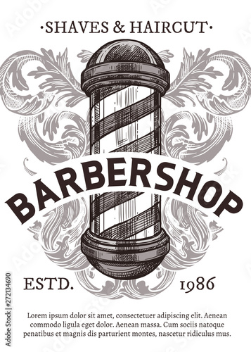 Hand drawn vector poster with barbershop signboard. Barber shop design with sketch engraving illustration and typography