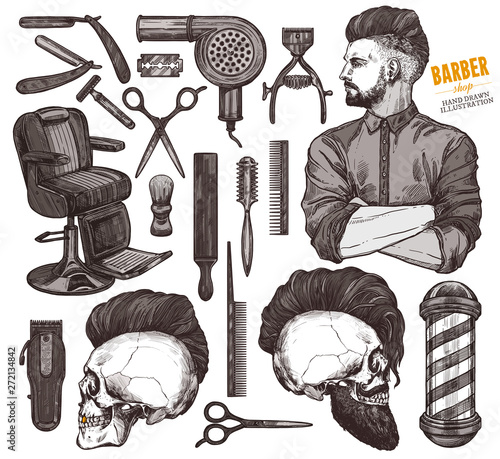 Vector collection of hand drawn barbeshop tools and accessories with hipster model man. Sketch vintage illustration of shaving and hairdresser equipments razor, comb, scissors, barber shop pole, brush