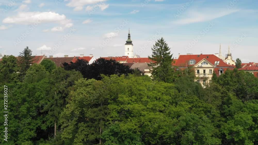 Panoramic view on Upper town and st Mark church in Zagreb, red roofs and palaces of old baroque center, political center of Croatia Panoramic view on Upper town and st Mark church in Zagreb, red roofs and palaces of old baroque center, political center of Croatia