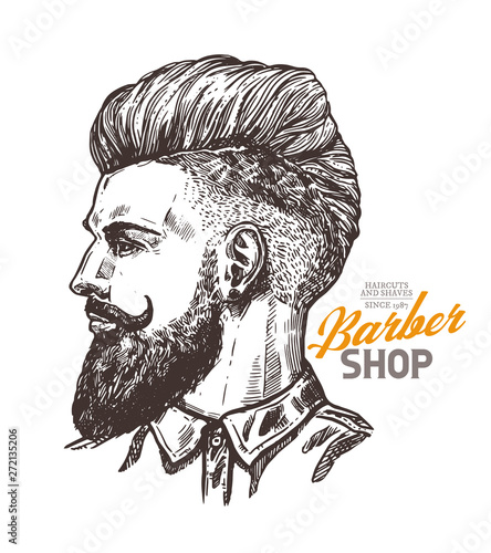Vector sketch illustration of barbershoper. Portrait of yong hipster man  with trendy hairstyle. Hand drawn image of Barber Shop owner Stock Vector |  Adobe Stock