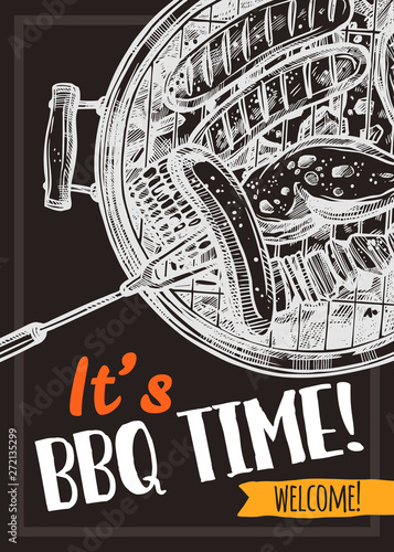 Barbecue vector hand drawn party poster with sausages, meat and chicken on grill. Sketch bbq design with typography on blackboard