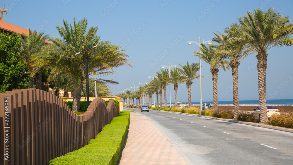 Dubai UAE, road on the Jumeirah Palm, human made island in the Persian Gulf