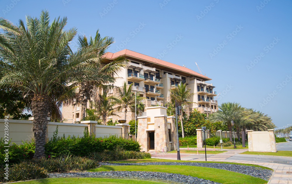 Dubai UAE, road on the Jumeirah Palm, human made island in the Persian Gulf