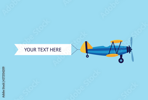 Plane or biplane with the ribbon banner flat vector illustration isolated on blue.