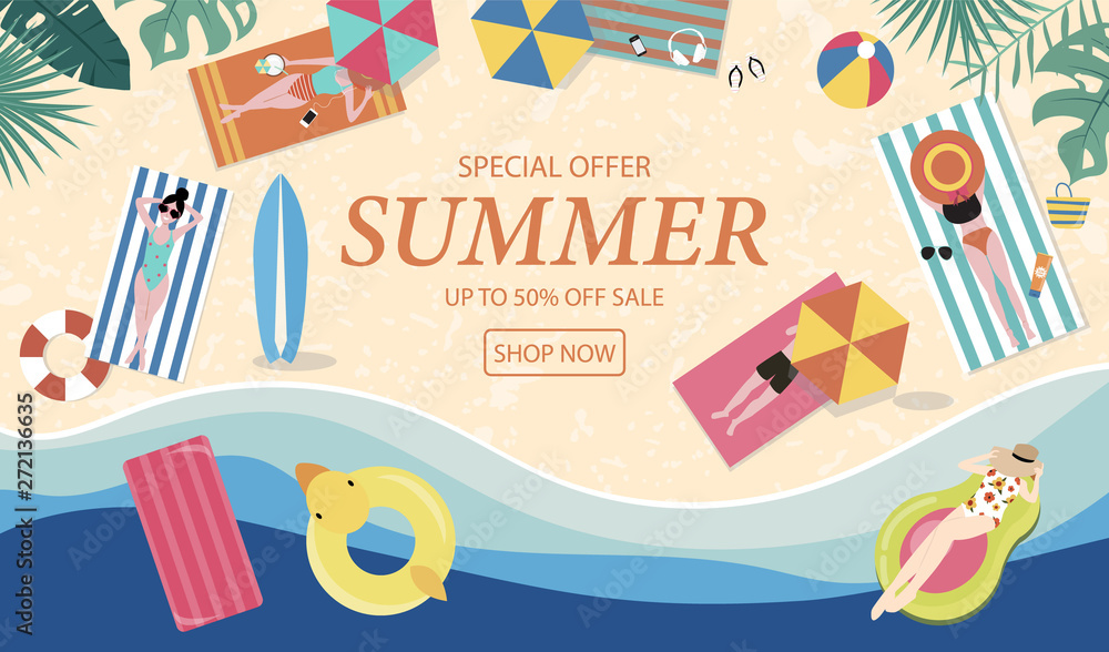 Summer sale background with tiny people,umbrellas, ball,swim ring,sunglasses,surfboard,hat,sandals in the top view beach.Vector summer banner