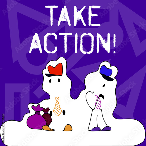 Conceptual hand writing showing Take Action. Concept meaning do something official or concerted to achieve aim with problem Figure of Two Men Standing with Pouch Bag White Snow Effect