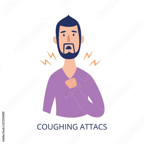 Man holding his chest having coughing attack flat cartoon style