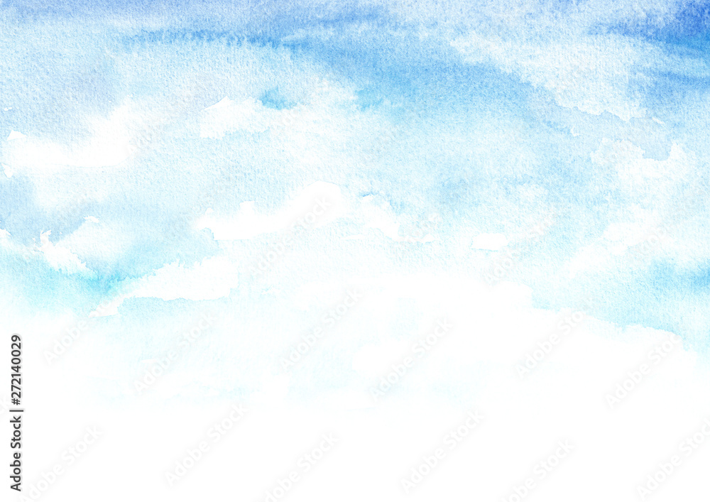 Blue sky with clouds, Watercolor hand drawn illustration