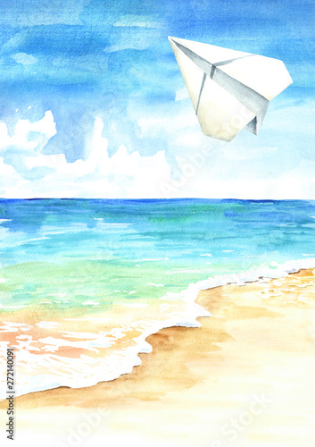 Paper plane in the blue sky over the sea and beach, Travel concept Watercolor hand drawn illustration background