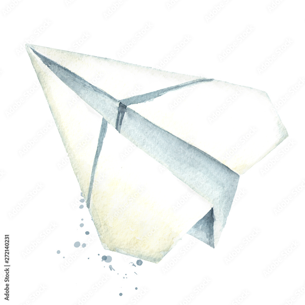 Paper plane. Graphic design element. Watercolor hand drawn illustration, isolated on white background Paper plane. Graphic design element. Watercolor hand drawn illustration, isolated on white background