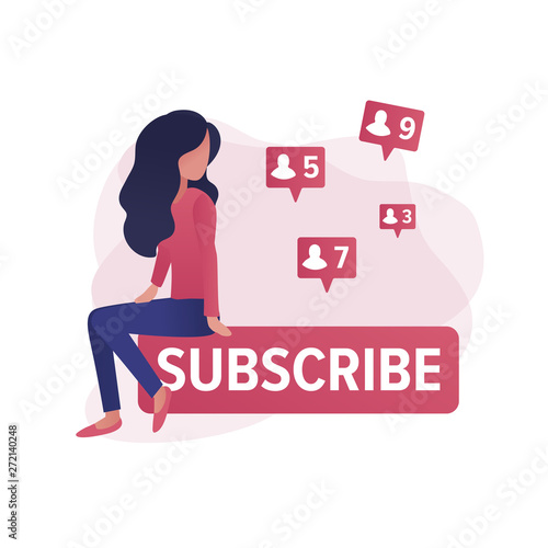 Woman video blogger online stream blogging subscribe concept. Flat design of people addicted to network. Trendy gradient vector illustration for web landing page, banner, presentation, social media.