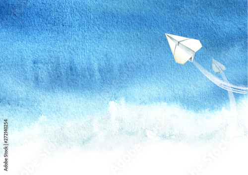 Two Paper planes in the blue sky, Travel concept, Watercolor hand drawn illustration isolated on white background © dariaustiugova