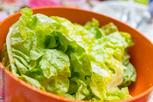 Fresh green lettuce in orange bowl on the table