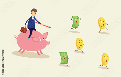 Businessman chasing money on pink piggy bank, scared cartoon dollar bill and golden coin characters running away from greedy capitalist