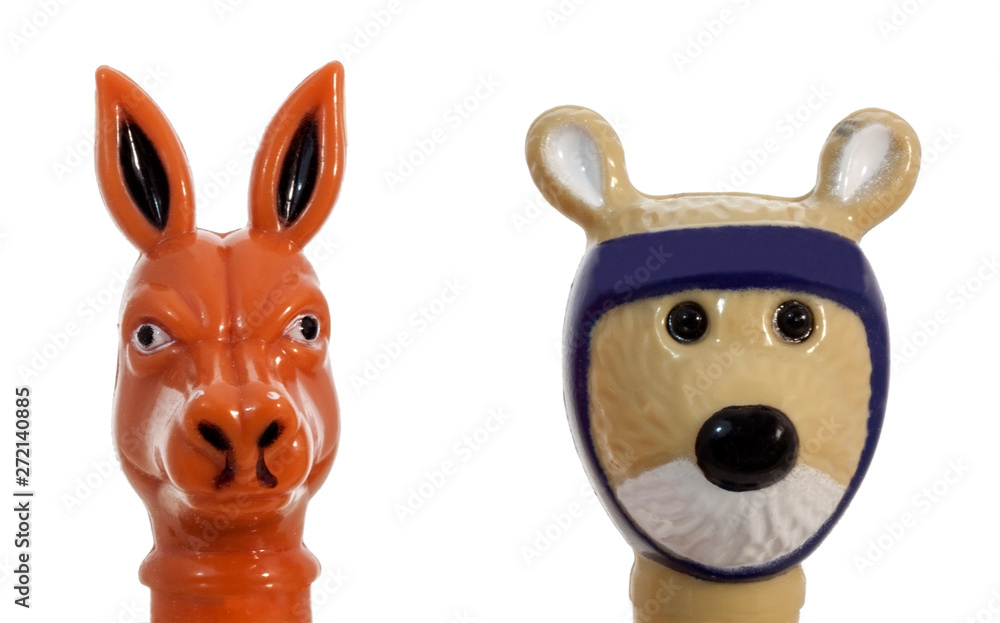 Isolated cute plastic kangaroo and quokka heads. Isolated cute plastic kangaroo and quokka heads.