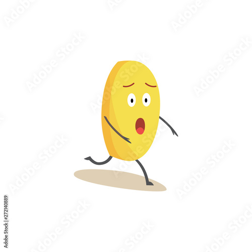 Shocked yellow coin character is running cartoon style