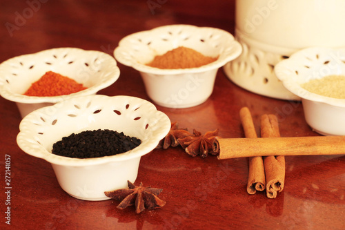 black cumin saffron turmeric cinnamon stick and other spice